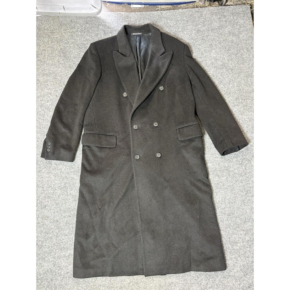 Halston Coat Mens 40R Black Wool Cashmere Double Breasted Long Overcoat Winter